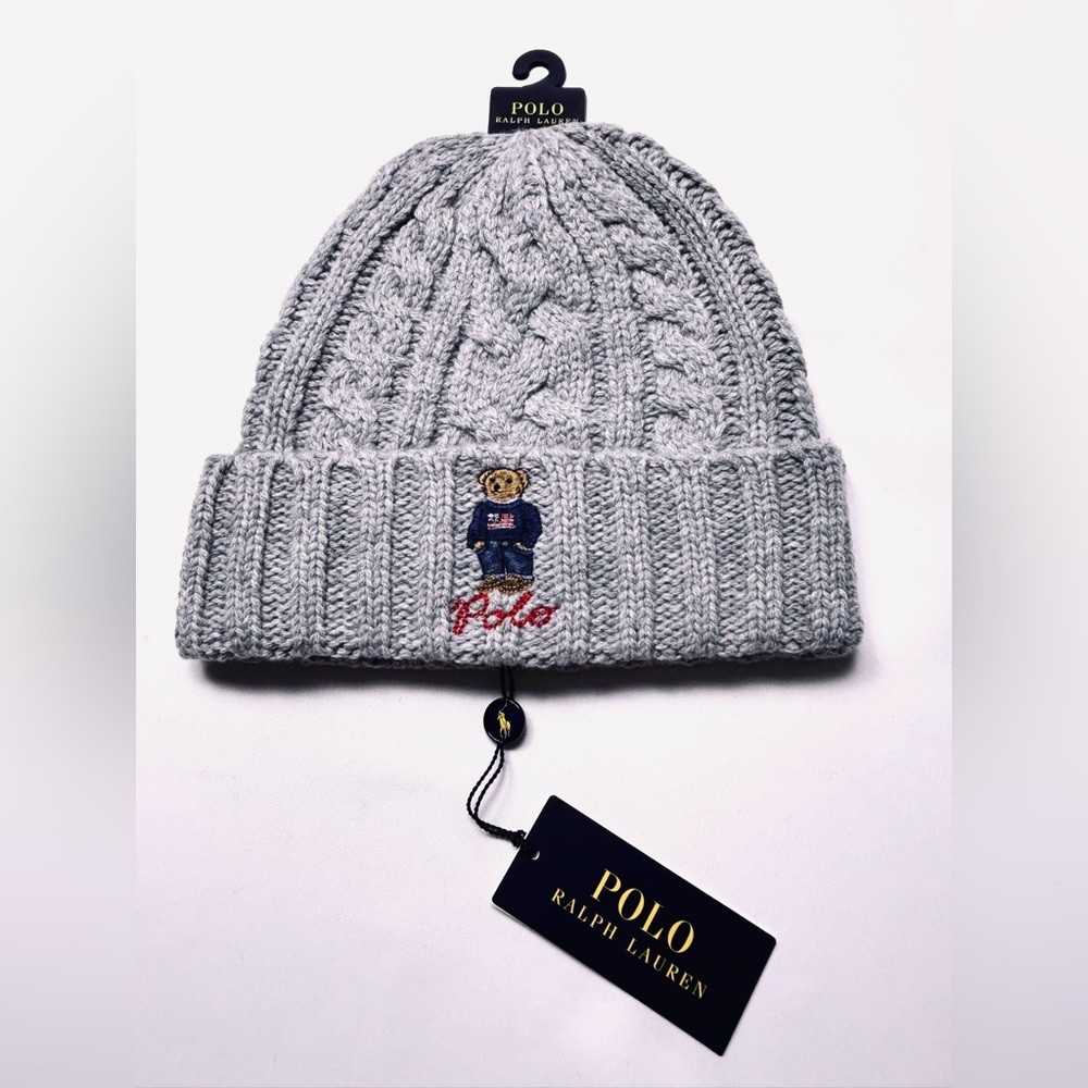 NWT 🧸Ralph Lauren AMERICAN 🇺🇸 POLO BEAR CABLE-KNIT Wool Beanie Hunter Gray